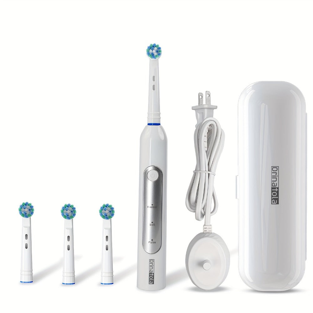 Electric Toothbrush with 3 Rotating Cleaning Modes – Induction Charging, 4 Replacement Brush Heads, Travel Case Included