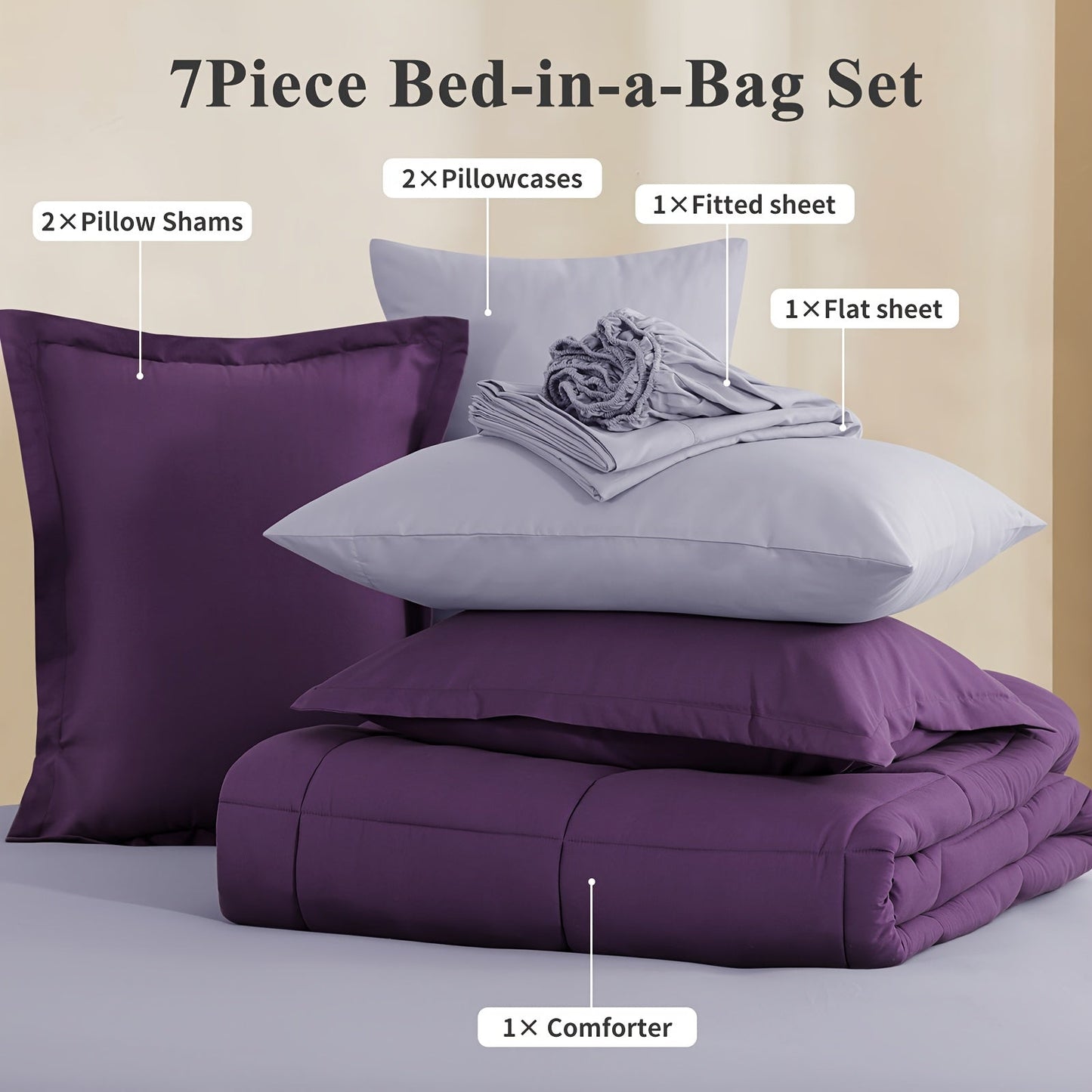 7 Piece Comforter Set Luxury Soft Fluffy Bedding All Season Bed in a Bag with Comforter Fitted Sheet Flat Sheet Pillowcases Hypoallergenic