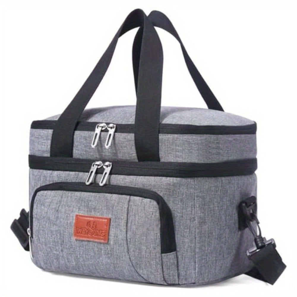 Double-Deck Lunch Tote with Front Pocket and Shoulder Strap in Gray, Blue, Black or Pink Options