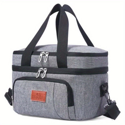 Double-Deck Lunch Tote with Front Pocket and Shoulder Strap in Gray, Blue, Black or Pink Options