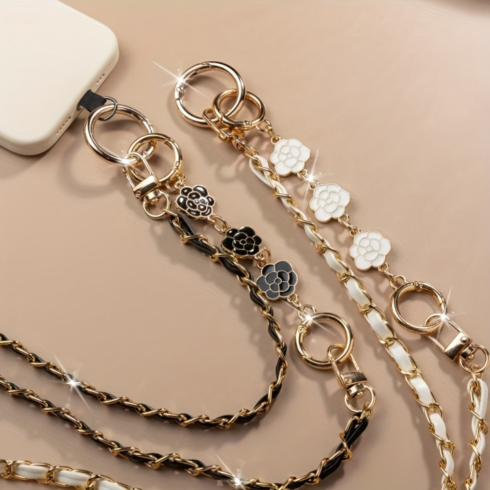 Crossbody Phone Strap Long Chain Pearl Camellia Metal Charm Elegant Lanyard for Women Girls