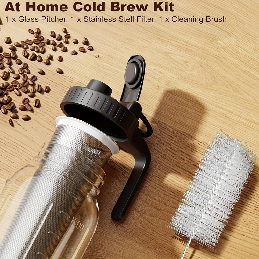 Cold Brew Coffee Pot Set with Stainless Steel Filters & Cleaning Brush – 32oz Glass Mason Jar Cold Brew Maker for Home