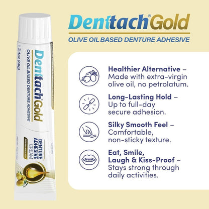 Denture Adhesive Cream Zinc-Free Olive Oil Formula, All Day for Full & Partial Dentures Petroleum-Free