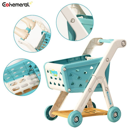 Kids Pretend Play Shopping Cart Toy Set with Realistic Food & Grocery Accessories, Supermarket Role Play for Toddlers Girls Boys Ages 3+