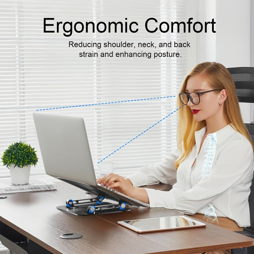 2-in-1 Laptop and Phone Stand with Adjustable Foldable Metal Frame in Silver or Black for Desk Use