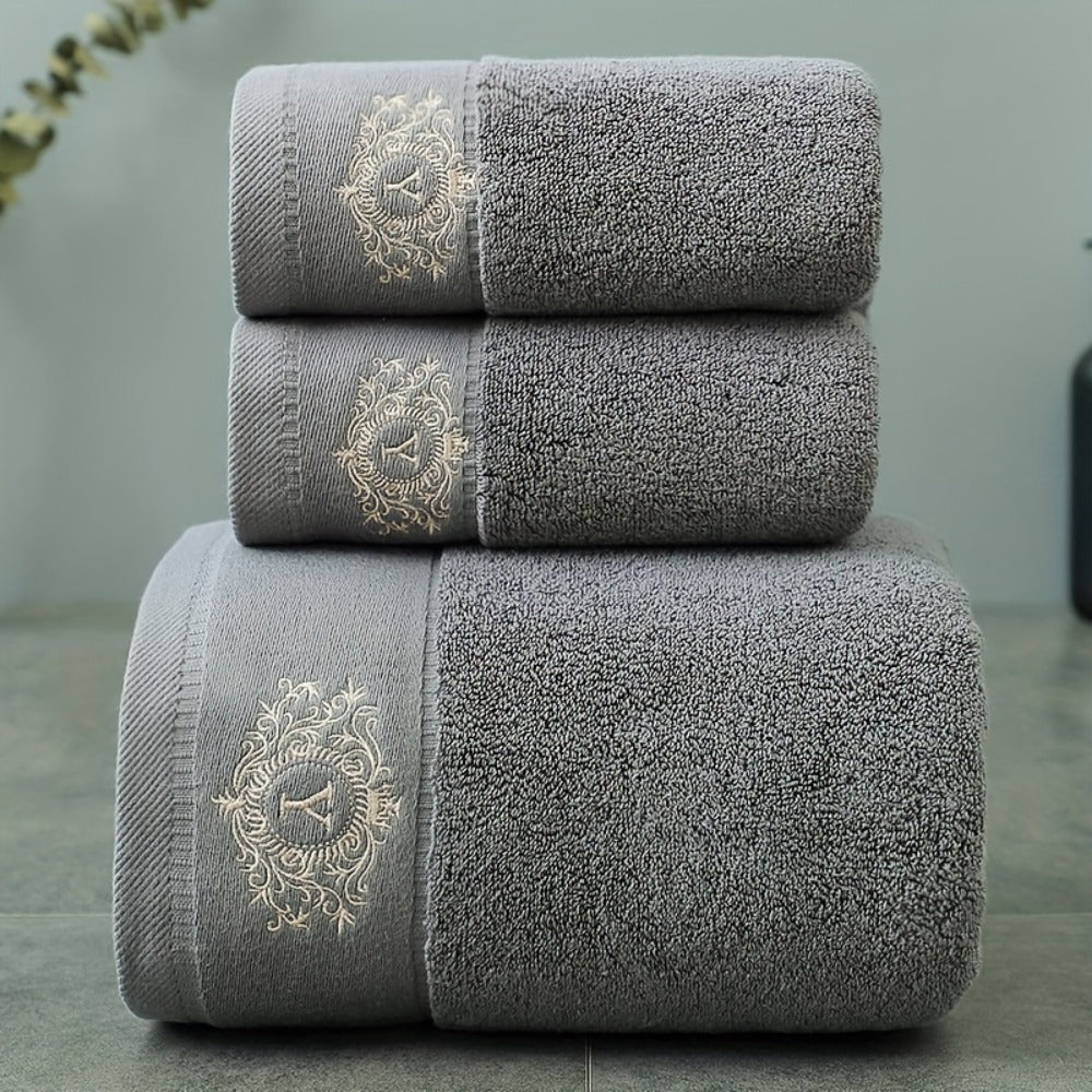 Embroidered Cotton Towel Set 3-Piece – 400g/㎡ Soft Absorbent Lint-Free Bath Towel Hand Towel Set for Home Spa Salon