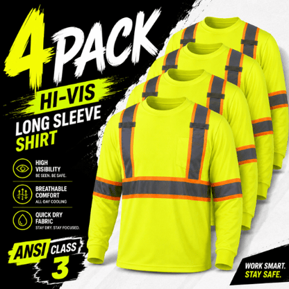High Visibility Safety Shirt Long Sleeve – 4 Pack ANSI III