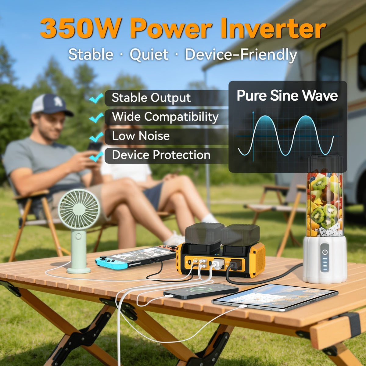 HASEED 350W Pure Sine Wave Power Inverter For DeWalt 20V Battery, 120V AC, 140W PD Fast Charging