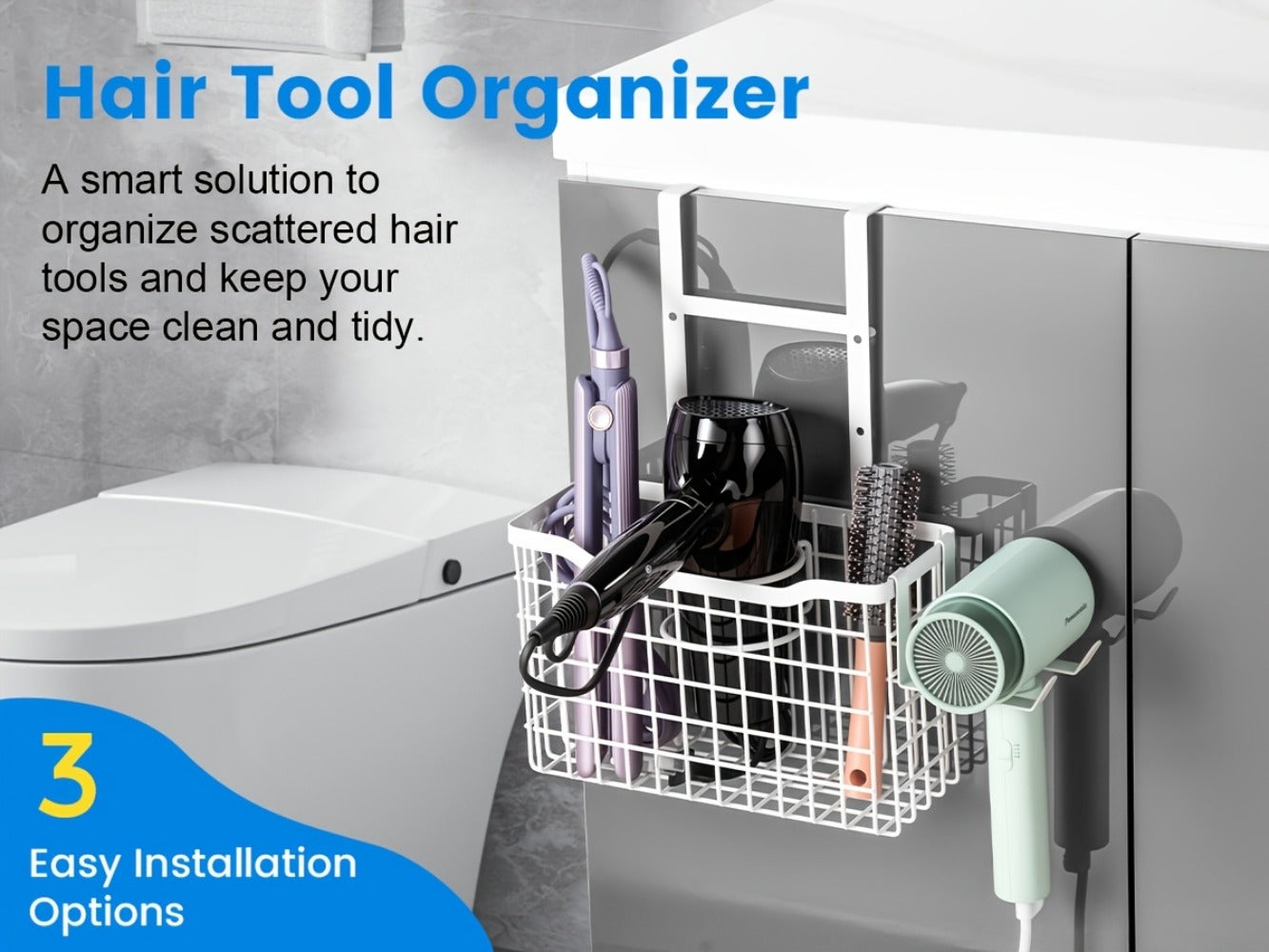 Hanging Hair Tool Organizer with Adjustable Mounting Height, Wire Basket and Black or White Finish