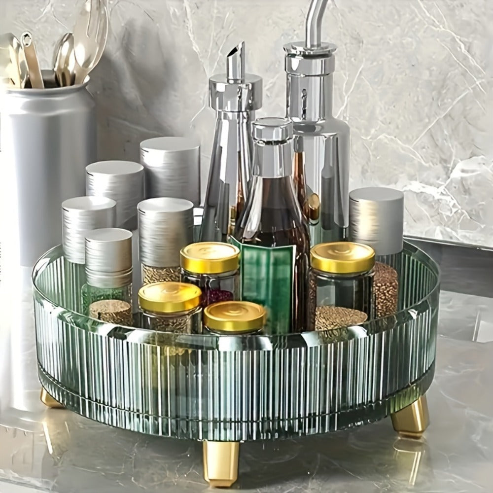 Round Rotating Makeup Organizer Tray with Ribbed Sides and Gold-Tone Feet in White, Green or Orange