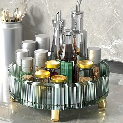 Round Rotating Makeup Organizer Tray with Ribbed Sides and Gold-Tone Feet in White, Green or Orange