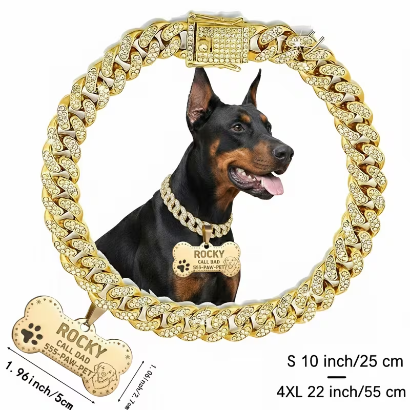 Custom Dog Collar Cuban Chain with Engravable Pet ID Tag – Personalized Name & Phone Number Plate for Small Medium Large Dogs & Cats