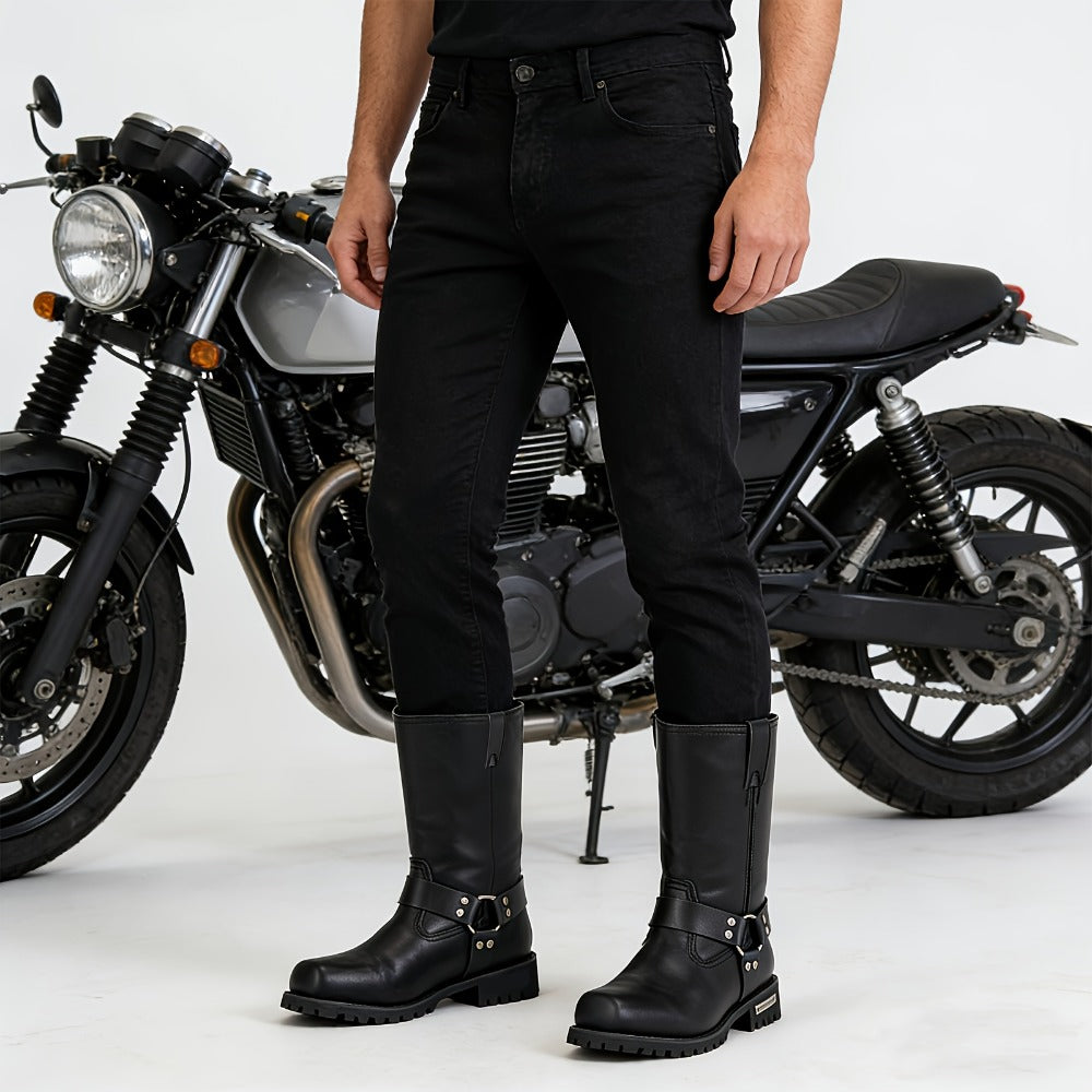 Men's Motorcycle Boots 11" Harness – PU Leather Non-Slip Square Toe Mid-Calf Biker Boots, Abrasion Resistant All-Season Riding Boots