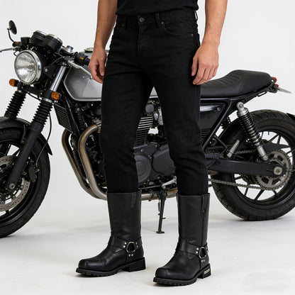 Men's Motorcycle Boots 11" Harness – PU Leather Non-Slip Square Toe Mid-Calf Biker Boots, Abrasion Resistant All-Season Riding Boots