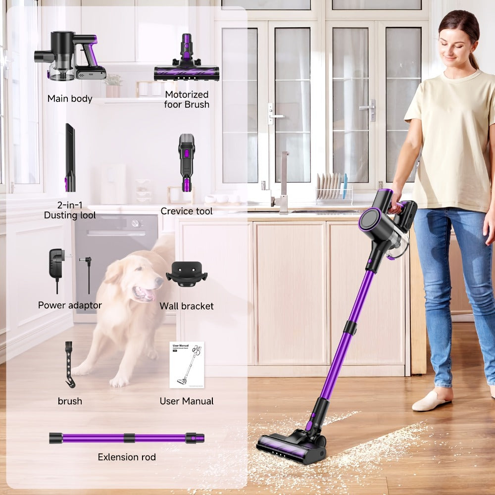 Cordless Three-Speed Stick Vacuum Cleaner with Detachable Battery, LED Floor Brush and Seven Colors