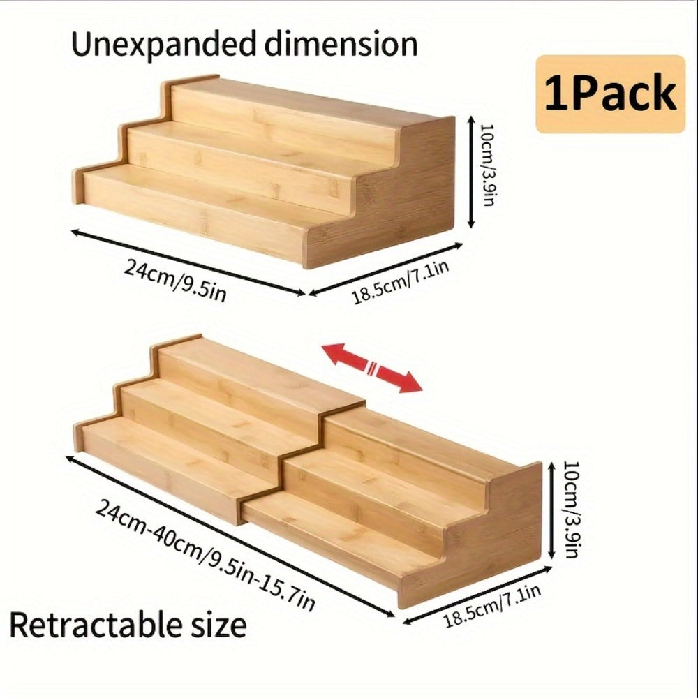 Expandable Bamboo Spice Rack with Three Stepped Tiers, 9.5-15.7-Inch Width and One- or Two-Piece Options
