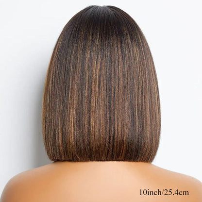 Straight Bob Wig with Bangs Human Hair 3x1 Lace Part Pre-Plucked Glueless Brazilian Short Bob 150 Density 1B/30 Highlight Natural Black
