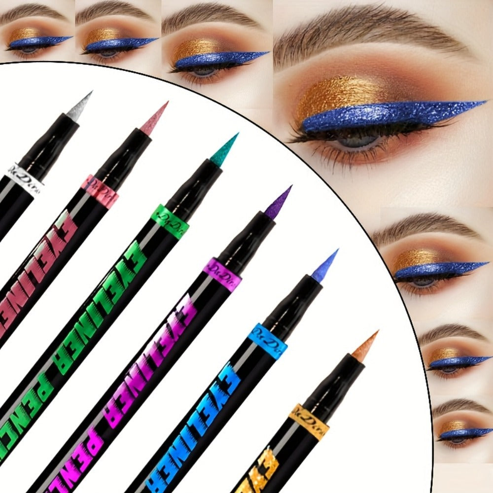 Colored Eyeliner Pencil Set with Six Shades in Blue, Purple, Green, Pink, Black and Gold-Tone Looks