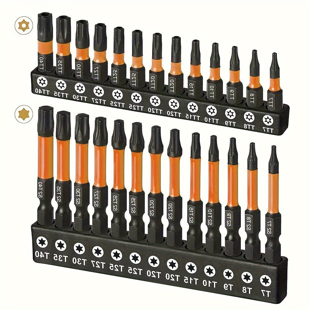 Impact Torx Bit Set 26pcs T7-T40 S2 Steel CNC Machined Tips Security Tamper-Proof Torx Bits 1" & 2" Lengths for Impact Drivers Drills Power