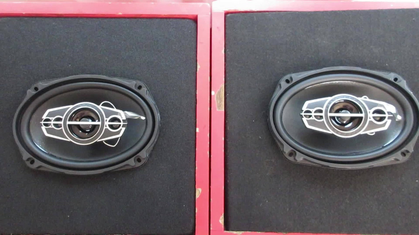 Pair of 6 x 9 Inch Five-Way Coaxial Car Speakers Labeled 1000W Peak, 120W RMS and 4 Ohms with Grilles