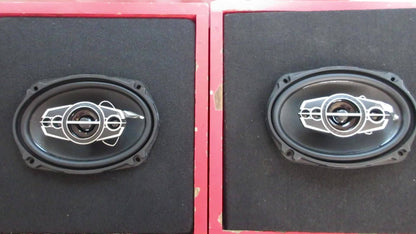 Pair of 6 x 9 Inch Five-Way Coaxial Car Speakers Labeled 1000W Peak, 120W RMS and 4 Ohms with Grilles