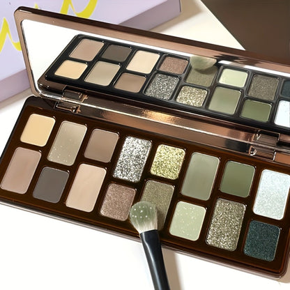 Eyeshadow Palette 16-Shade Brown and Green Compact with Matte, Shimmer and Glitter Finish Mix