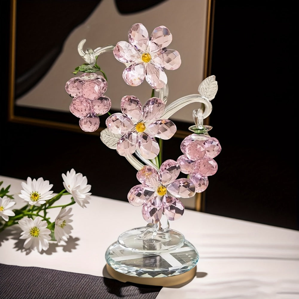 Pink Crystal Tree Statue Ornament – Romantic Crystal Flower Sculpture with Rotatable Base, Elegant Home Decor Gift for Valentine's Day