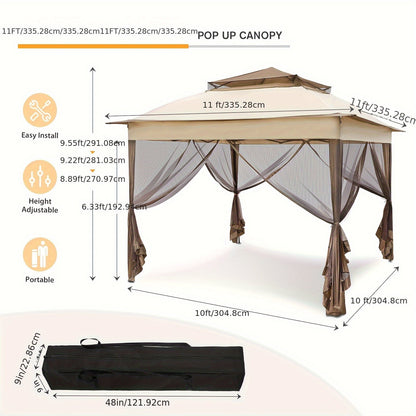 Instant Gazebo Tent 11x11 FT Mosquito Netting No Assembly Required for Garden, Yard and Pest Management