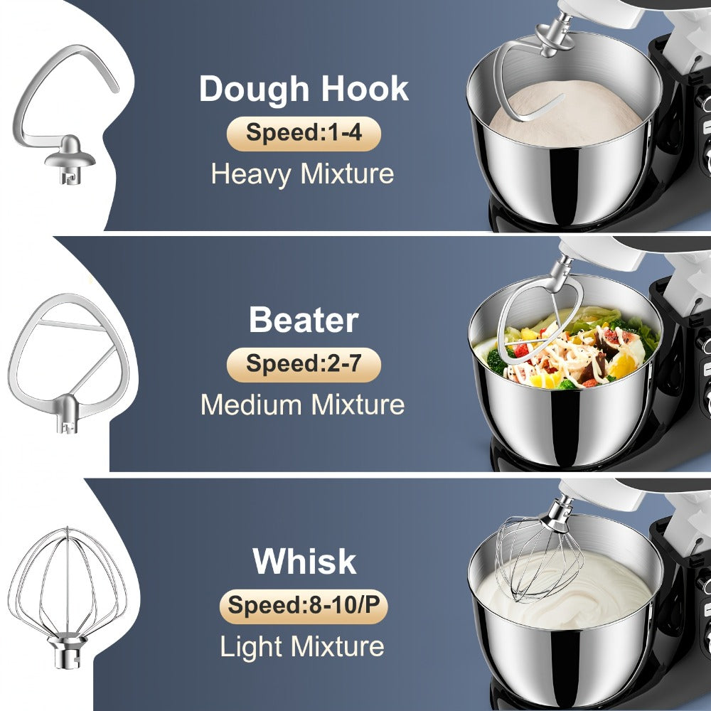 Stand Mixer 6.5 Qt Electric Kitchen Mixer 10-Speed Dough Mixer with Whisk Beater Dough Hook for Home Cooking, Dining and Outdoor Meals