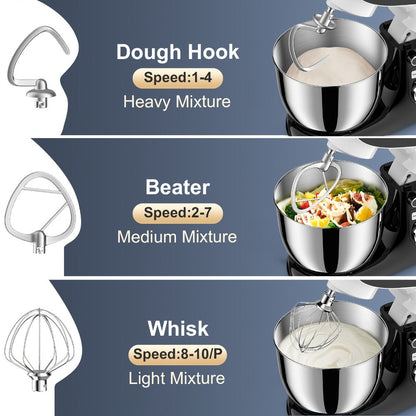 Stand Mixer 6.5 Qt Electric Kitchen Mixer 10-Speed Dough Mixer with Whisk Beater Dough Hook for Home Cooking, Dining and Outdoor Meals