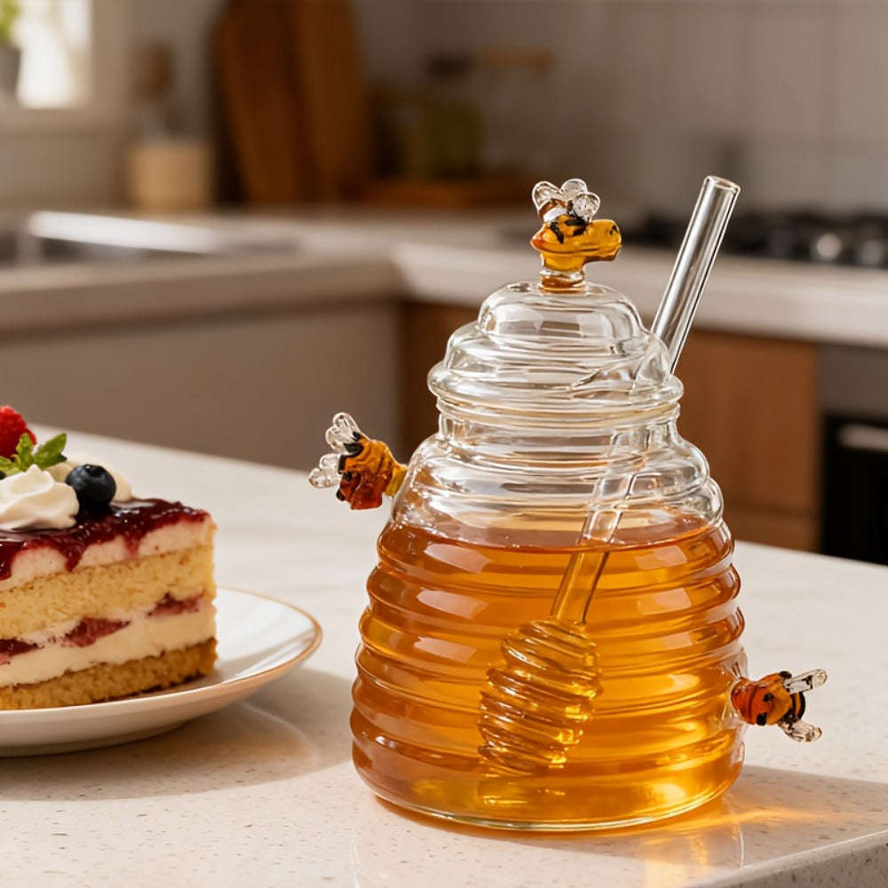 480ml Beehive-Shaped Glass Storage Jar with Honeycomb Accents, Matching Lid and Spiral-Ended Stirrer
