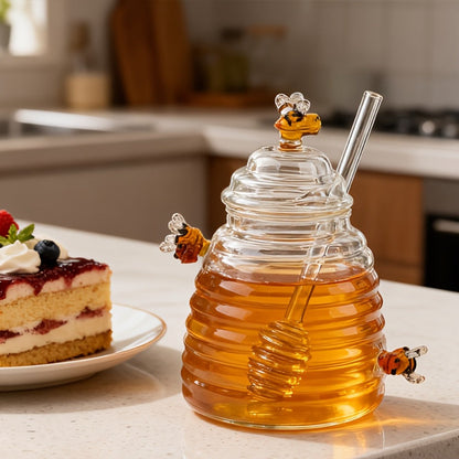 480ml Beehive-Shaped Glass Storage Jar with Honeycomb Accents, Matching Lid and Spiral-Ended Stirrer