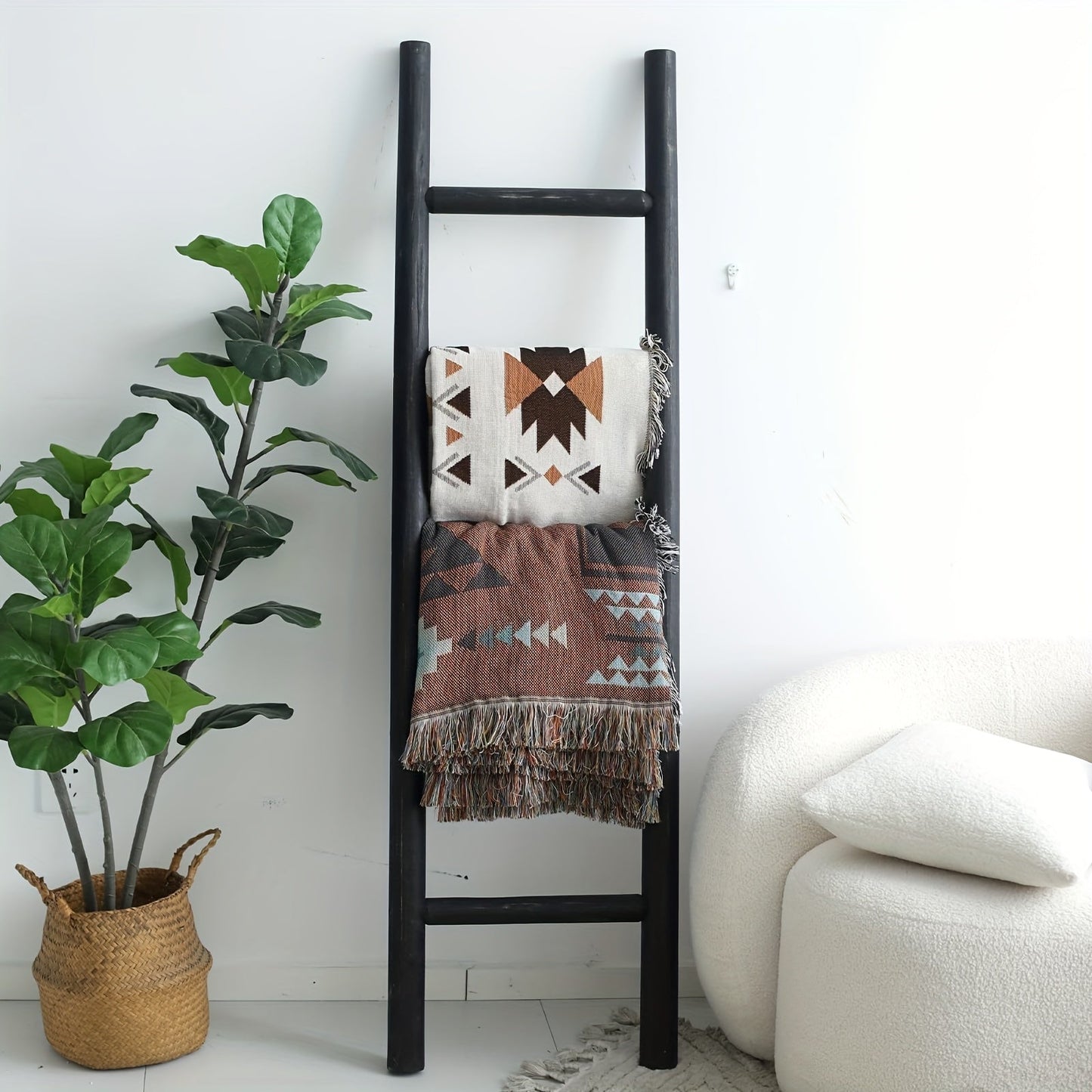 Blanket Ladder 57 Inch Wood Freestanding Farmhouse Quilt & Towel Display Rack - Rustic Wooden Wall Leaning Holder for Living Room