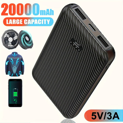 Power Bank 20000mAh 5V/3A for Fan Vests with USB-C Input/Output and USB-A 5V/2A Port for Cooling Garments