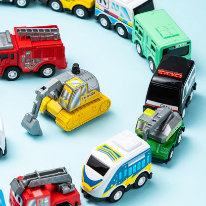 18-Piece Pull Back Mini Cars Set for Kids, City Vehicles Fire Truck Police Car School Bus Freight Train