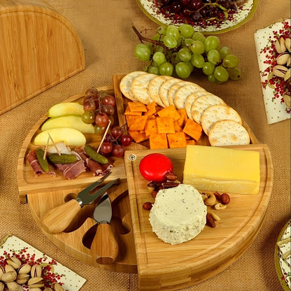 Bamboo Cheese Board Set with 2 Knives – Wood Charcuterie Platter Pizza Board Fruit Snack for Home Cooking, Dining and Outdoor Meals