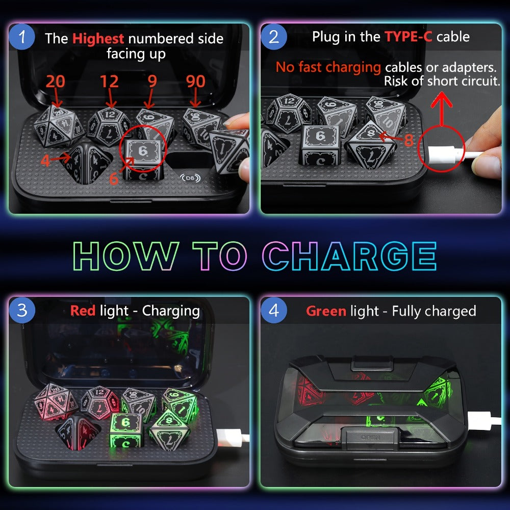 RGB LED DND Dice Set Rechargeable 7pcs, Illuminated Polyhedral Dice with Type-C Charging Case for D&D RPG Tabletop Games