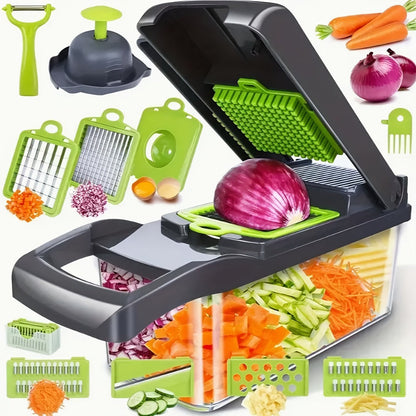 16-in-1 Vegetable Chopper Set with 8 Interchangeable Blades, Manual Food Chopper with Container, Peeler & Filter for Onion