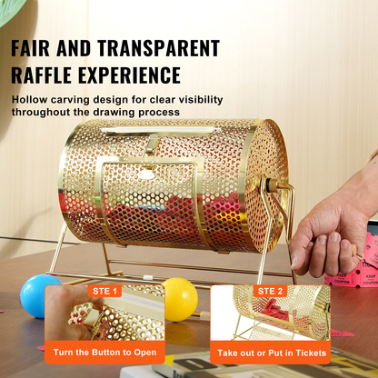 Raffle Drum Spinning Cage 12 Inch – Brass Plated Metal Lottery Ticket Drum with Wooden Handle, Holds 2500 Tickets or 100 Ping Pong Balls