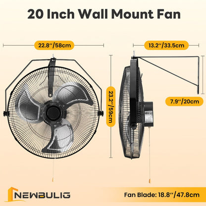 Wall Mount Fan 18/20 Inch Metal High Velocity 3-Speed Oscillating Industrial Fan 3000CFM for Entryways, Bedrooms and Living Spaces