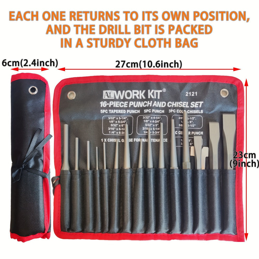 Punch and Chisel Set 16pcs Cr-V Steel with Taper Punch Cold Chisels Pin & Center Punches for Entryways, Bedrooms and Living Spaces