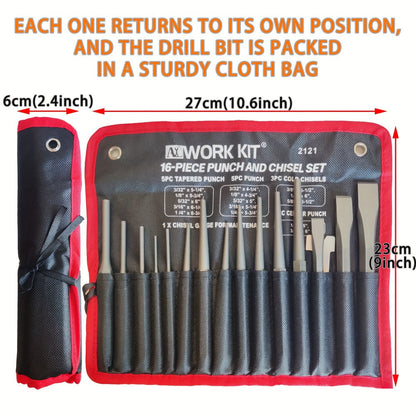 Punch and Chisel Set 16pcs Cr-V Steel with Taper Punch Cold Chisels Pin & Center Punches for Entryways, Bedrooms and Living Spaces