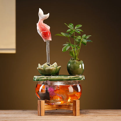 USB Desktop Fish Waterfall Fountain with Glass Bowl, Relaxing Indoor Water Feature Tabletop Decor Zen Fountain Gift