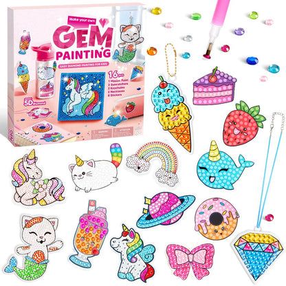 Diamond Gem Painting Kit for Girls Ages 6+ 16 Projects, 5D Gem Art Set with 2800+ Gems Unicorn Suncatchers Keychains Necklaces Stickers