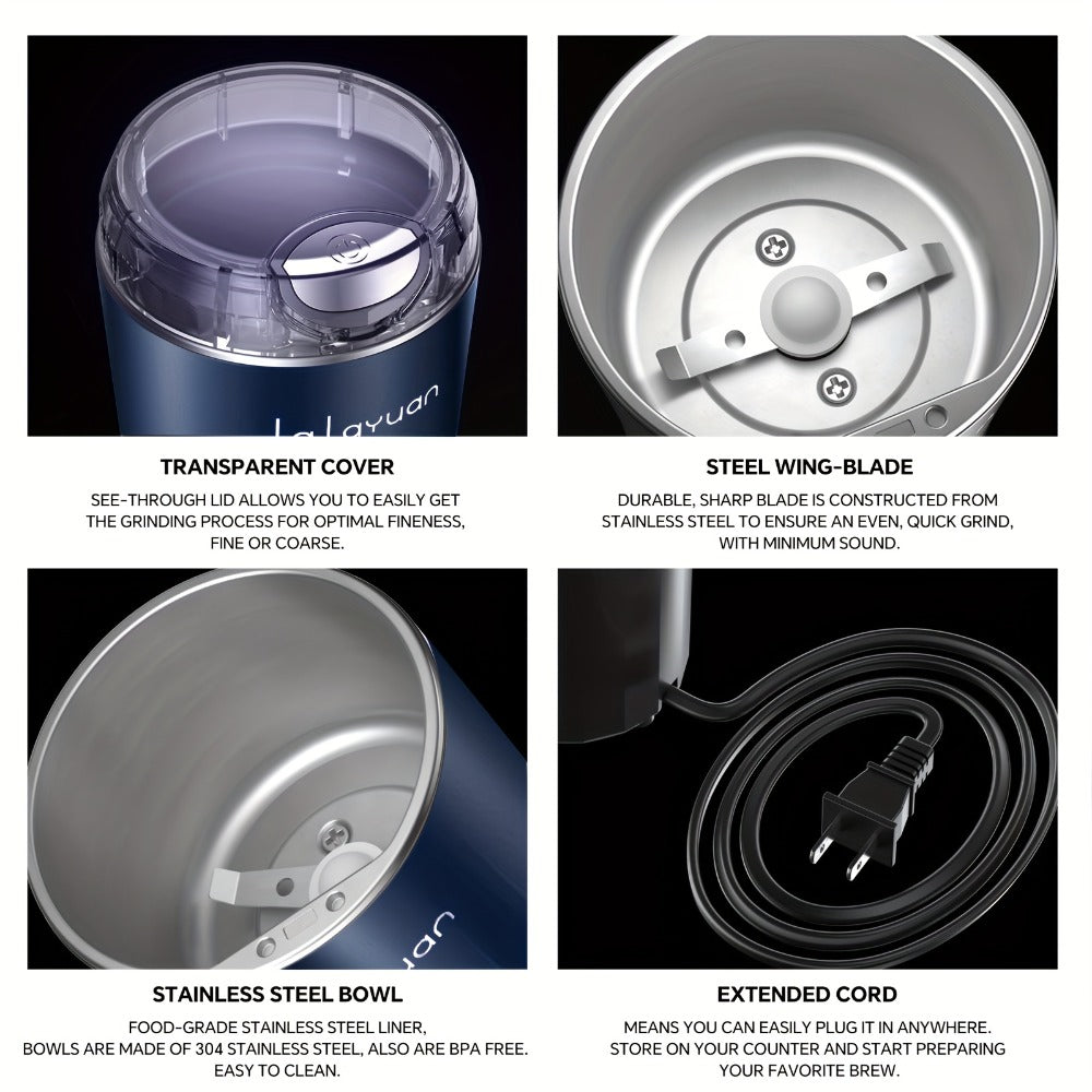 200W-Labeled Electric Coffee Grinder with Press-Lid Control, Two-Leaf Blade and Three Housing Options