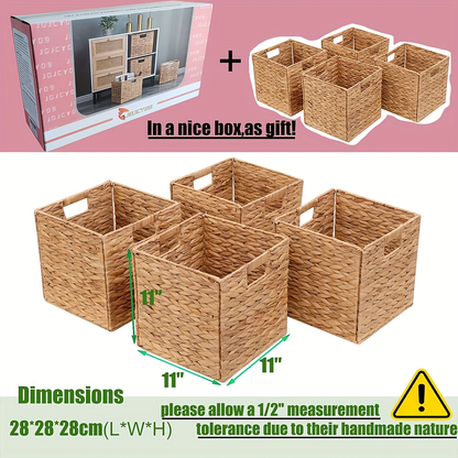 Storage Baskets, Foldable Water Hyacinth Cube with Handles, 11 x 11-Inch, 1- to 4-Pack Options