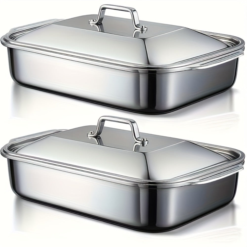 Stainless Steel Deep Baking Tray with Lid 4-Piece Set, 1.59 Gallon Rectangular Roasting Pan with Handle Lids