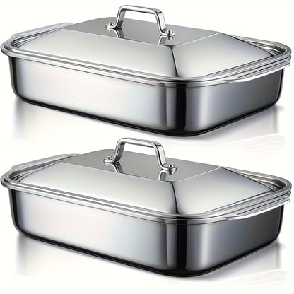Stainless Steel Deep Baking Tray with Lid 4-Piece Set, 1.59 Gallon Rectangular Roasting Pan with Handle Lids