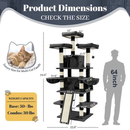 Large Multi-Level Cat Tree Tower – 68–81 Inch Tall Cat Condo with 2 Condos, 3 Plush Perches, Scratching Posts & Cat Hair Brush