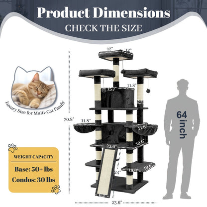 Large Multi-Level Cat Tower with Two Condos, Three Perches, Hammocks and Six Gray, Beige or Taupe Configurations